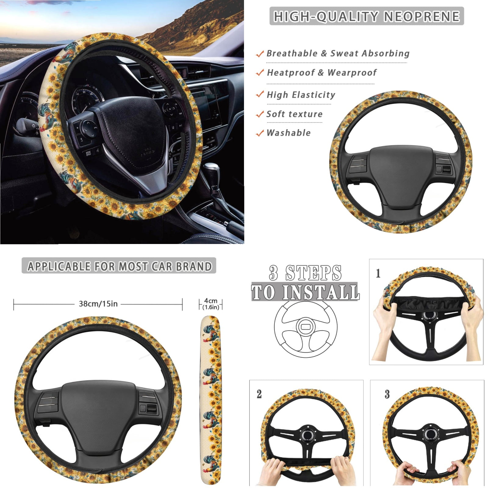 Yuyamidu 14 PCS Chicken Car Seat Cover Set Sunflower Auto Steering Wheel Cover Seat Belt Pad Cup Holder Trash Bag Gear Shift Knob Cover Set Rear View Mirror Cover Auto Armrest Cover