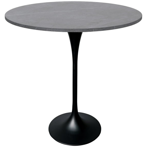 LeisureMod 36" Round Bar Height Dining Table with Sintered Stone Top Pub Table and Black Stainless Steel Pedestal Base for Modern Kitchen and Dining Room Verve Collection in Marble Grey