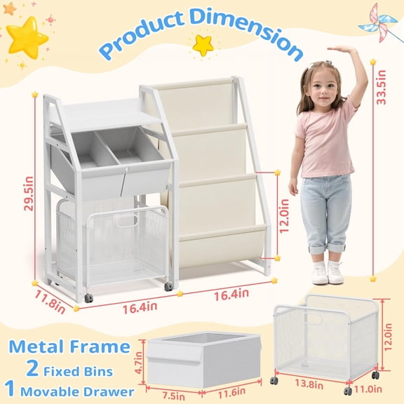 Kids Bookshelf and Toy Storage Organizer - 3 Tier Book Shelf with Movable Drawer and 2 Toy Bins for Bedroom Playroom Classroom (White)