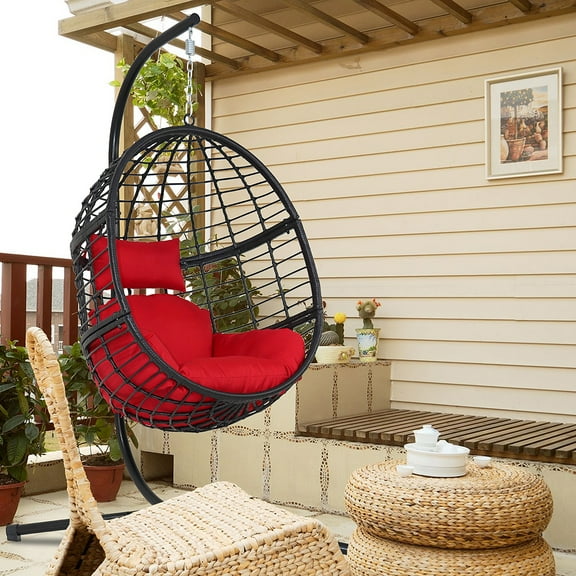 Abble Wicker Hanging Egg Chair with Cushion and Stand - Black