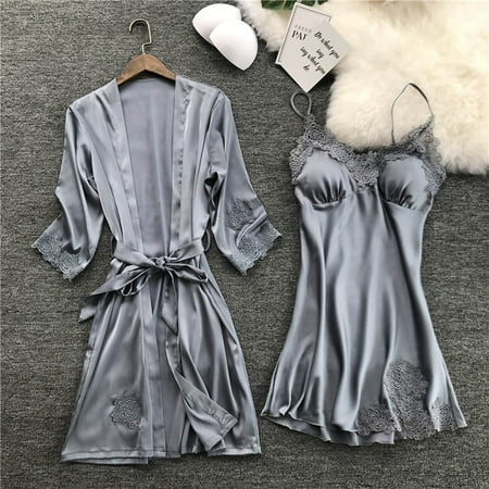 

Medcursor Lingerie Women Silk Lace Robe Dress Nightdress Sleepwear Kimono Set