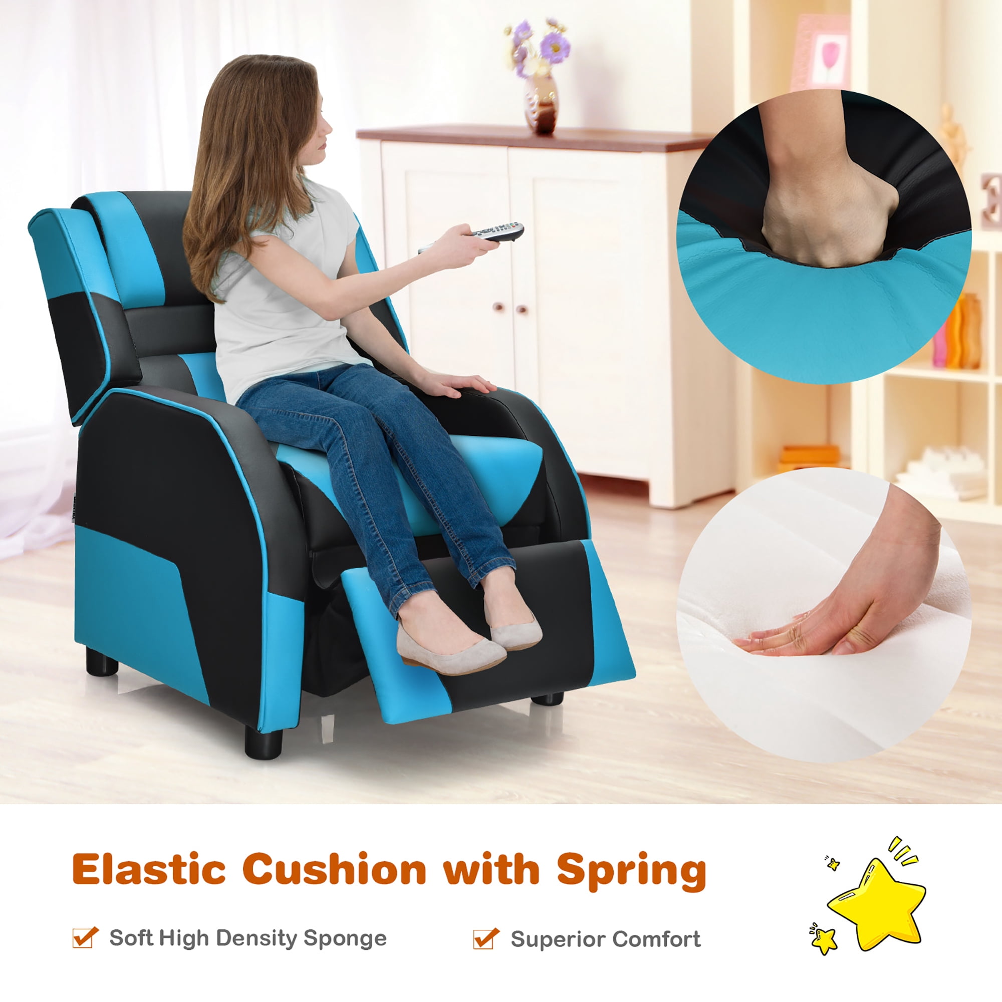 Costway Kids Youth Gaming Sofa Recliner w/Headrest & Footrest PU Leather Blue