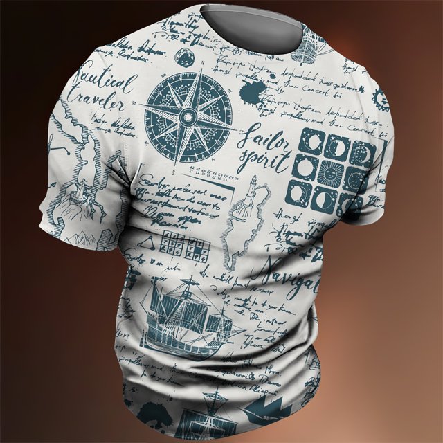 Mode Été Rétro T-Shirts Graphiques Boussole Nouveaux Hommes Personnalité Lettres Anglaises Imprimées Col Rond Manches Courtes tee Tops