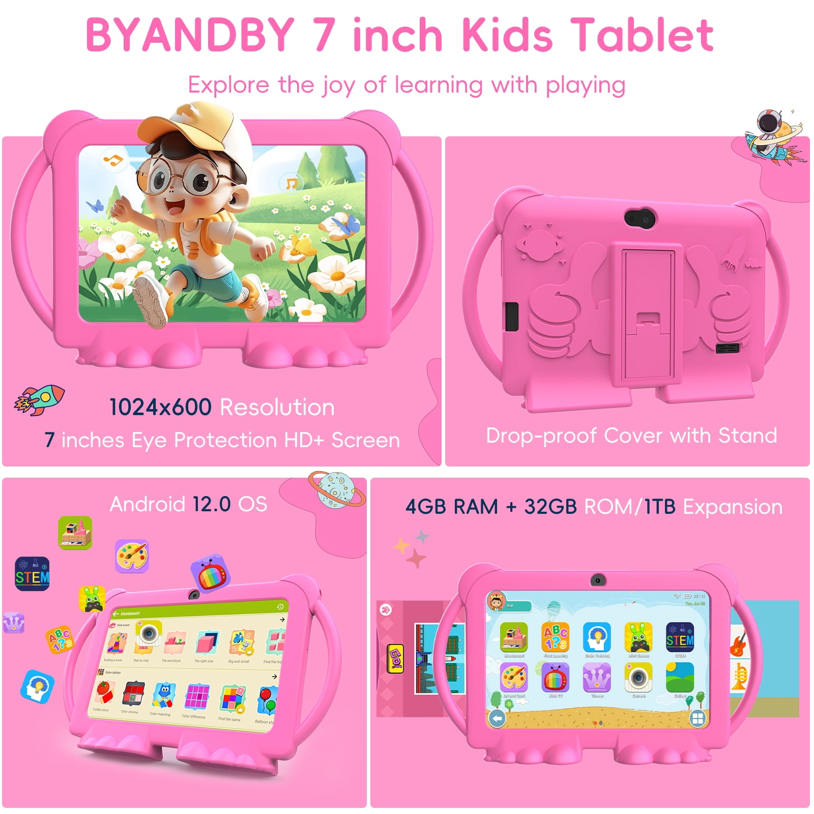 2024 Kids Tablet, 7 inch Android 12 Tablet for Kids, 4GB+32GB ROM+1TB Expand Pink