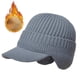 thumbnail image 1 of Gorro de invierno para hombre con visera y orejeras, tejido grueso con forro de felpa y calaveras, resistente al viento, color gris, 1 of 6