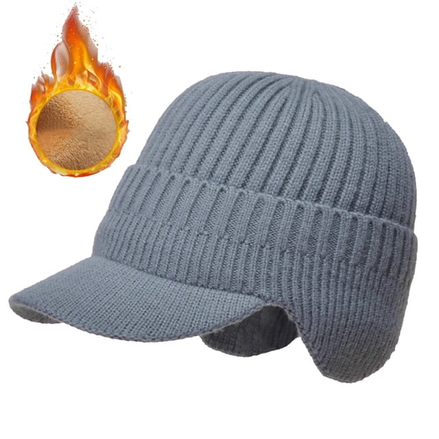 Gorro de invierno para hombre con visera y orejeras, tejido grueso con forro de felpa y calaveras, resistente al viento, color gris