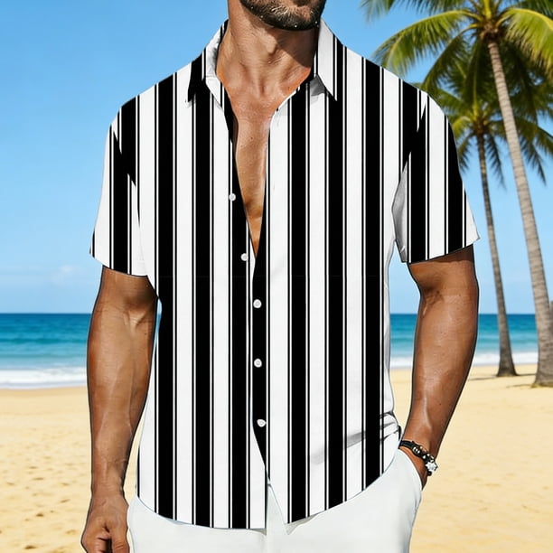 Ceisia Men's Vertical Stripe Short Sleeve Button Down Casual Shirt for Beach Vacation Black XL Gifts