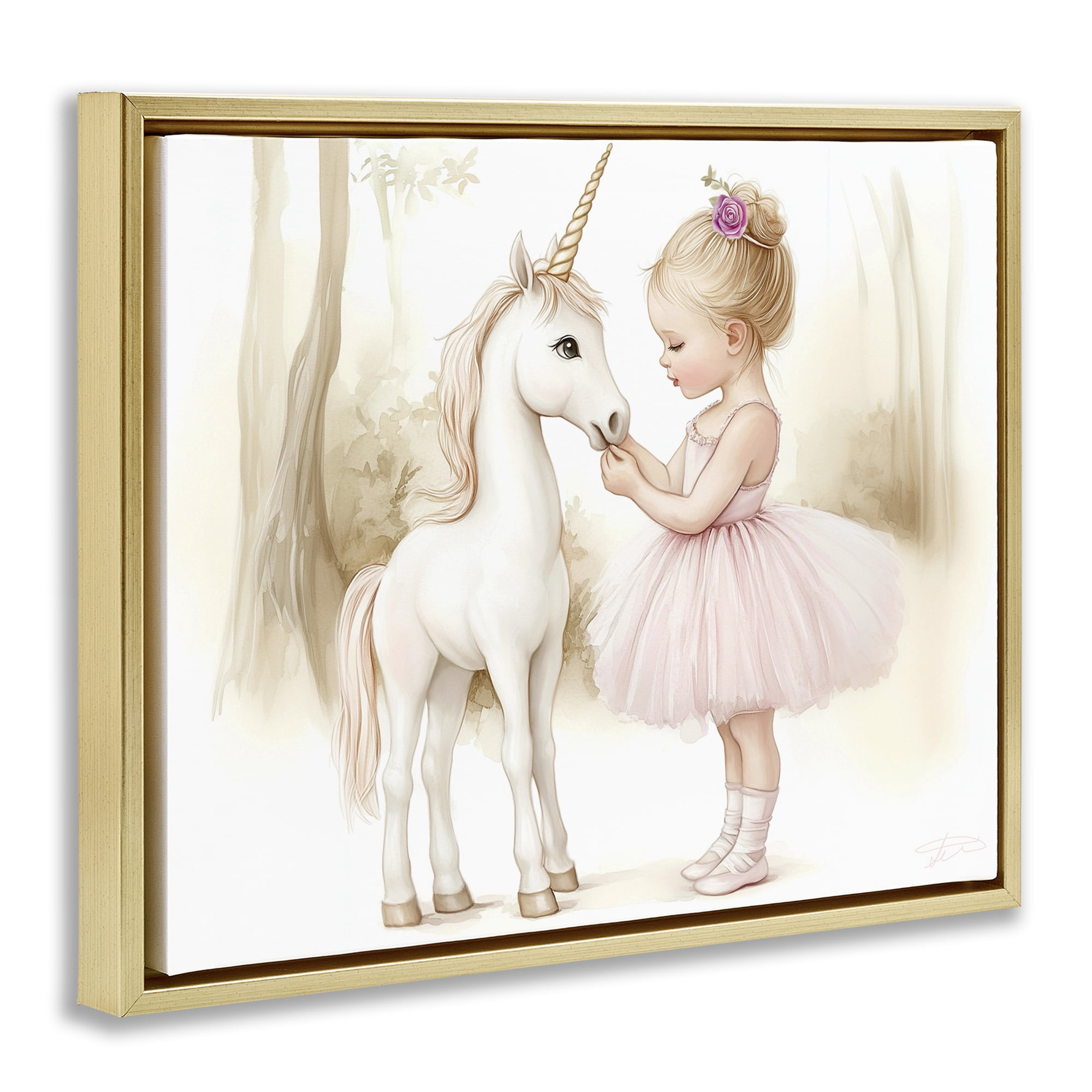 Stupell Industries Girl & Unicorn Friendship Gold Framed Floater Canvas Wall Art, design by Whimsical Wonders