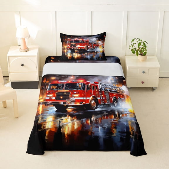 Erosebridal Boys Fire Engine Twin Sheet Sets, Truck Car Bedding, Black Red, 1 Flat Sheet, 1 Fitted Sheet and 1 Pillowcase