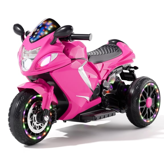 Xuanlur 24V Electric Motorcycle for Kids, 3 Wheel Kids Motorcycle with LED Light Up Wheels, Dual 390 Motors, Speed Up to 7 mph, Bluetooth Music, Ride On Toy for Kids 3-8 Years Old, Pink