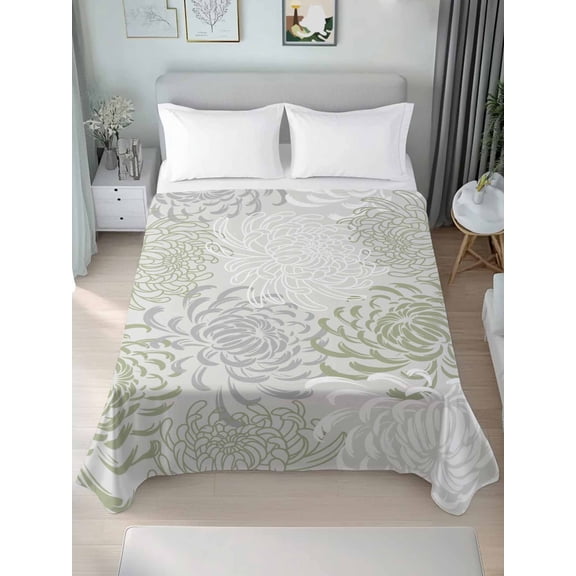 Sage Green White Full Size Flat Sheet, Wrinkleproof & Fadeproof Cooling Flat Bed Sheet Only, Abstract Grey Chrysanthemum Flower Breathable Soft Bedding Top Sheets 81 x 96 Inches