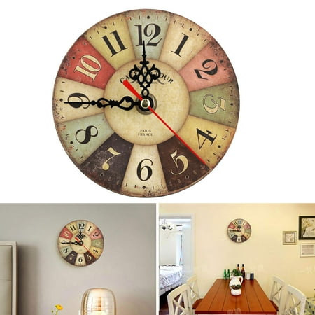 Unique Colorful Wall Clocks Retro Arabic Tuscan Number Wooden Colorful Wall Clock Quartz, Silent Non-Ticking, Battery Operated(not included), Rustic Decorative for Kitchen,Living Room,Bathroom Kids Room, Coffee Decor (4.72