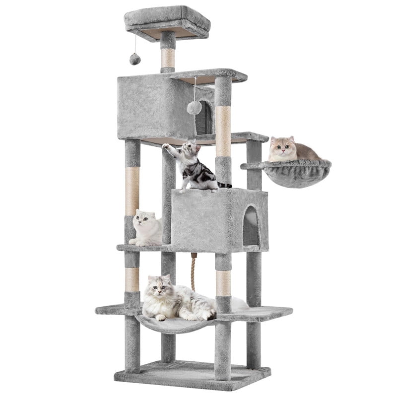 Kelno 66" Cat Tree Tower Durable Cat Climbing Tower with Sisal Scratching Posts Cozy Condo Hammock and Platforms, Light Gray