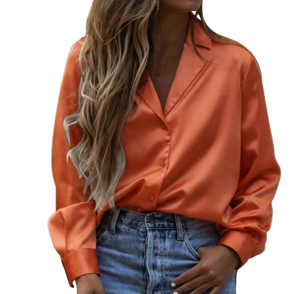 Women'S Clothing, Womens Shirts, Stylish Women's Button Down Satin Shirts Long Sleeve Roll Up Boyfriend Style Casual Work Blouses for Everyday Wear