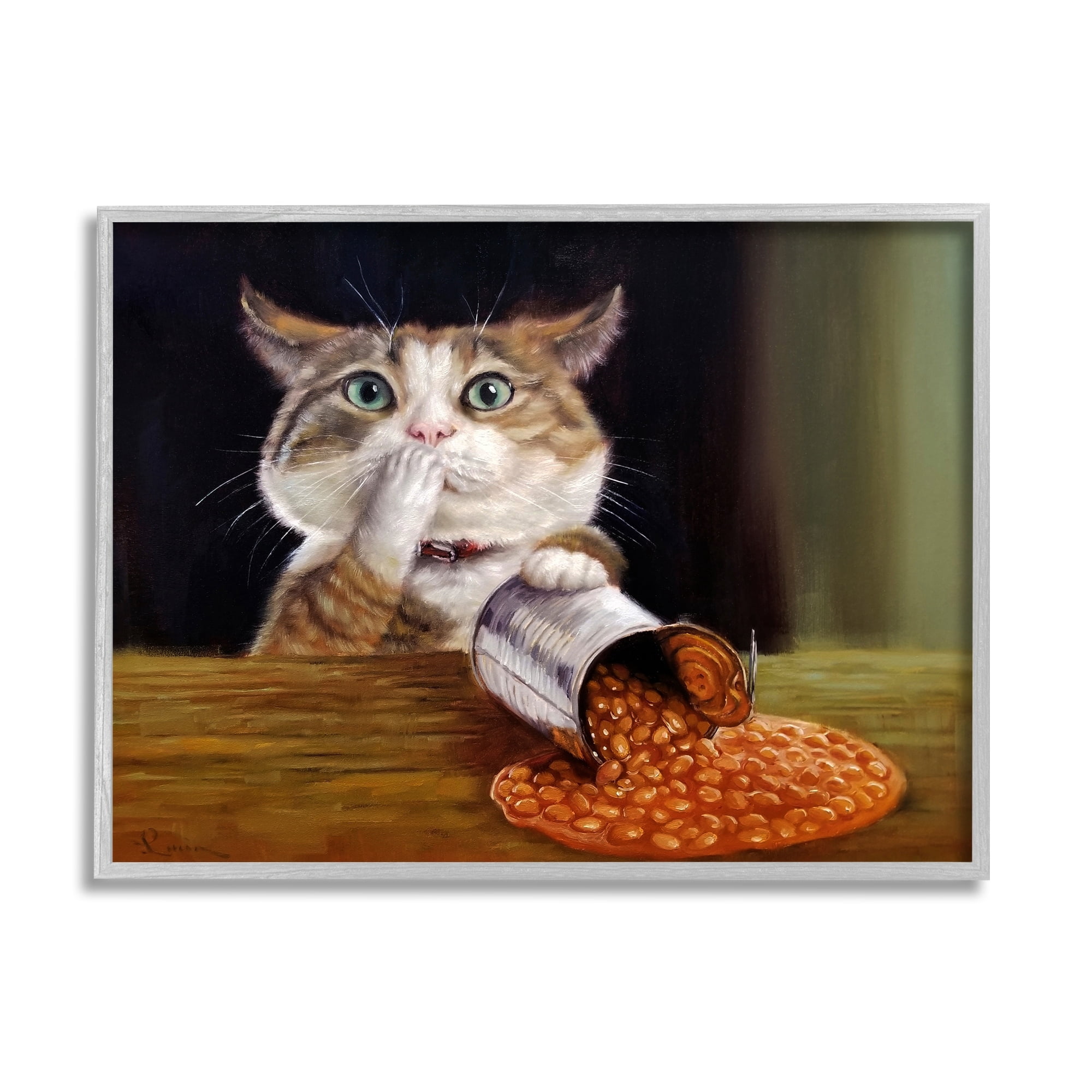 Stupell Industries Spilled The Beans Humorous Cat Kitchen Animal Painting Painting Gray Framed Art Print Wall Art, Design by Lucia Heffernan