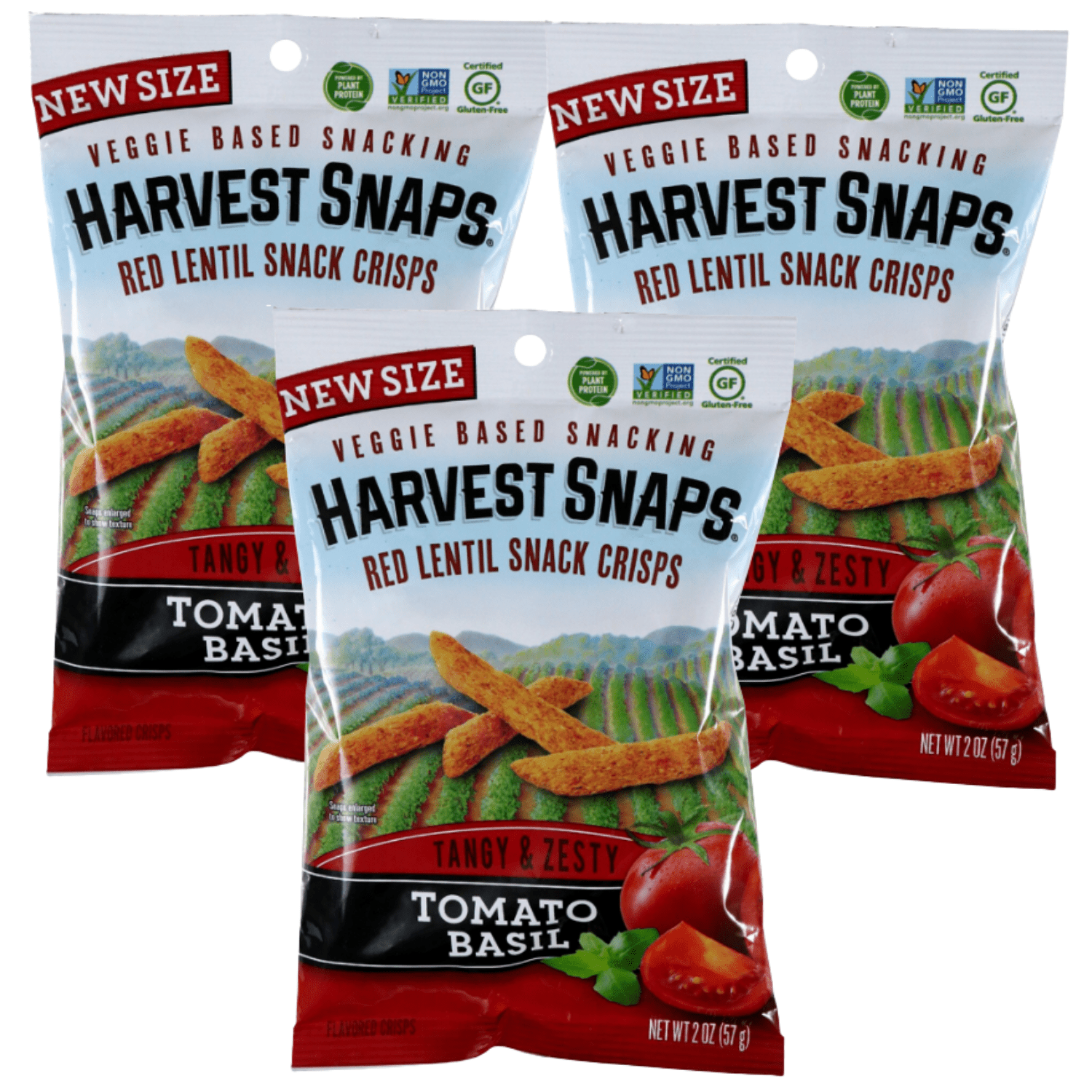 Harvest Snaps Red Lentil Vegetable Snack Crisps Tangy and Zesty Tomato Basil Flavor Deliciously Baked and Crunchy Snacks with Plant Protein and Fiber 2oz - Pack of 3