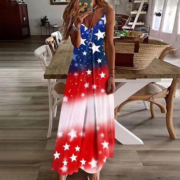 Vetsdori Womens July 4th Maxi Dress American Flag Tank Slip Dress Casual Summer Ankle Length,Red White and Blue Backless Dress for Women V-Neck