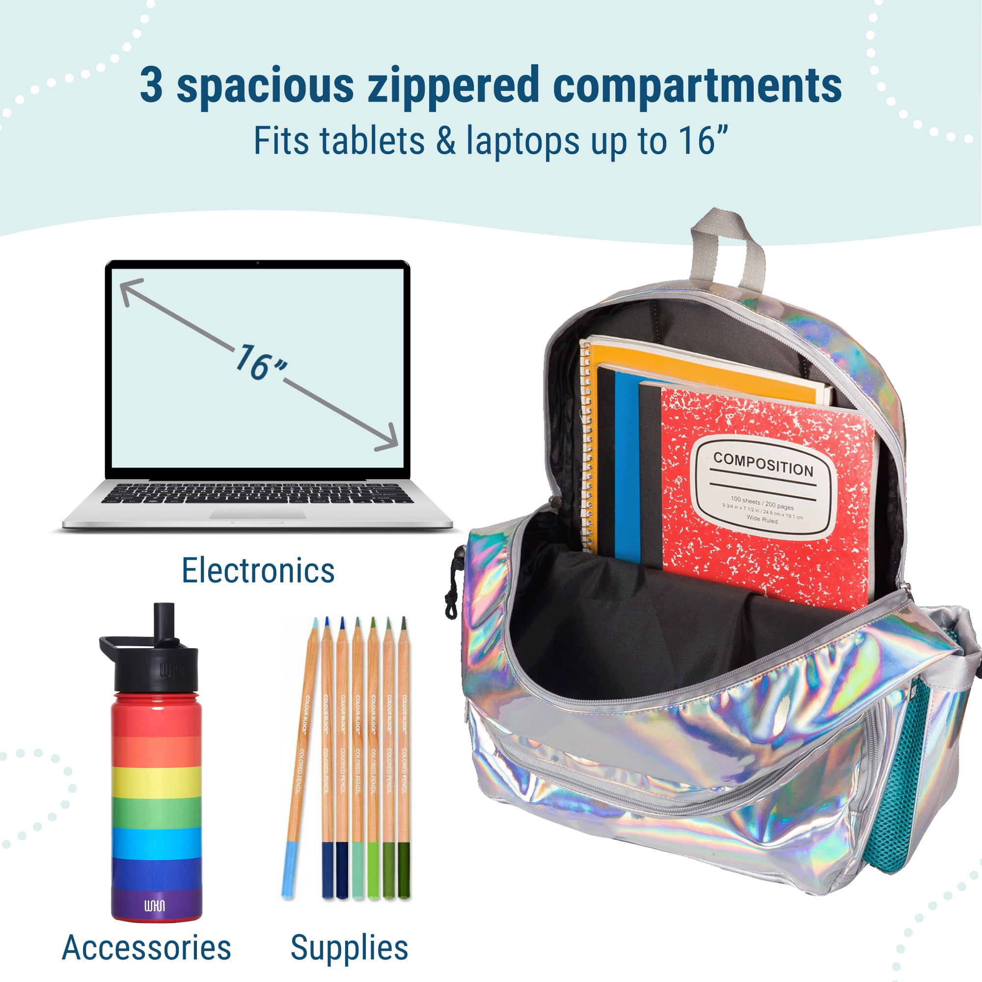 Wildkin Kids 17 Inch Backpack for Boys and Girls, Perfect for School and Travel (Holographic Silver)