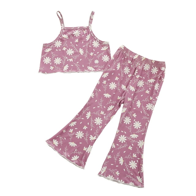 ITFABS Girls Clothes Set, Floral/Leopard Print Cropped Tops+Flared Trousers