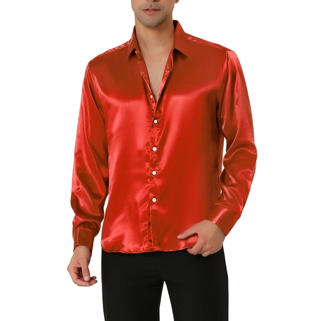 INSPIRE CHIC Men's Satin V Neck Long Sleeve Button Down Slim Fit Dress Shirts S Red