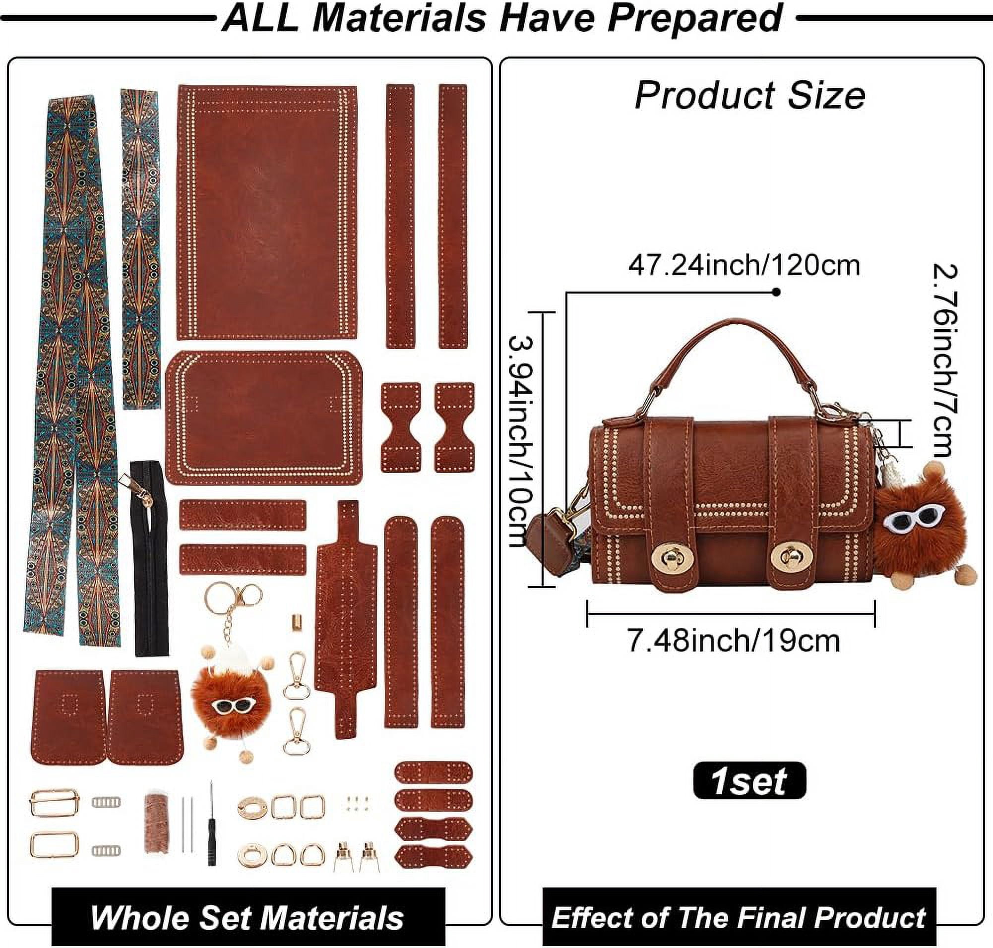 PU Leather Crossbody Bag Making Kit DIY Knitting Crochet Shoulder Bag Making Materials PU Leather Handbags Sewing Kit 7.4x3.9x2.7 Inch (Brown)