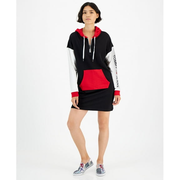 Women's Colorblocked Dropped-Shoulder Hoodie Dress Black Scarlet S