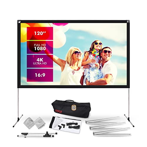 PYLE Projector Screen with Stand - 120" 16:9 HD 4K Portable Lightweight Freestanding Foldable Indoor Outdoor Movie Projection Display with Frame for Home Theater, Black