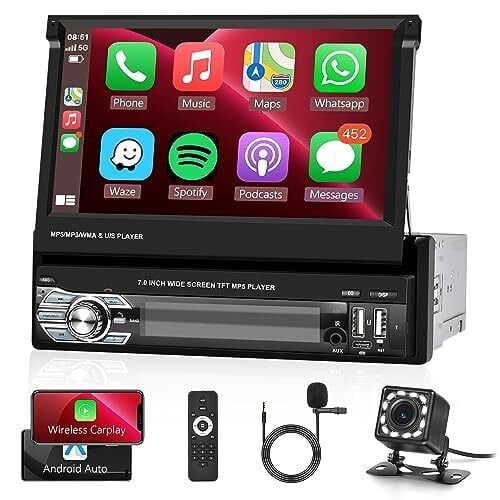 Single Din Car Stereo Wireless Apple CarPlay, S 7'' Flip Out Touch Screen Car Radio 1 Din with Android Auto Bluetooth FM Radio TF/USB/AUX/Type C   Rear View Camera