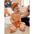 thumbnail image 6 of Baby Girls Halloween Outfits Adorable Letter Pumpkin Embroidery Long Sleeve Romper and Elastic Waist Pants Headband Set, 6 of 10