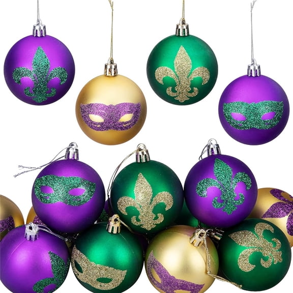 Ebaokuup 12 PCS Mardi Gras Hanging Ball Ornaments, 2 Inch Mardi Gras Shatterproof Ball, Purple Green Gold Glitter Tree Ornaments for Holiday New Orleans Masquerade Party Decor