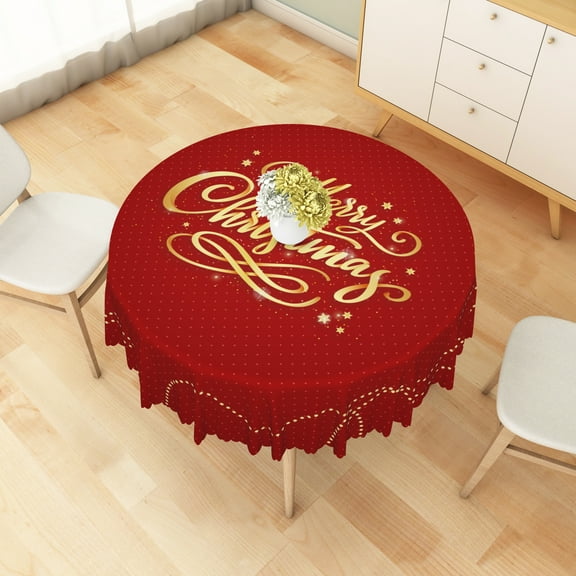 Nanqianyi Merry Christmas Red Round Tablecloth 70 inch, Golden Stars Spots Circular Washable Table Cloth for Family Gatherings Dinner Decor