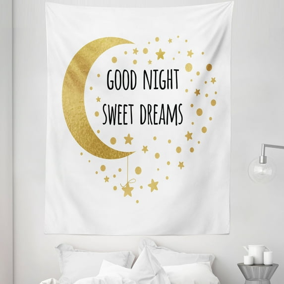 Saying Tapestry, Cheerful Calligraphy Moon Stars and Dots Monochrome Night Motifs, Fabric Wall Hanging Decor for Bedroom Living Room Dorm, 5 Sizes, Sand Brown Black, by Ambesonne