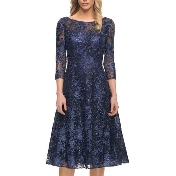 La Femme NAVY Women's Embroidered Lace Fit & Flare Dress, US 6