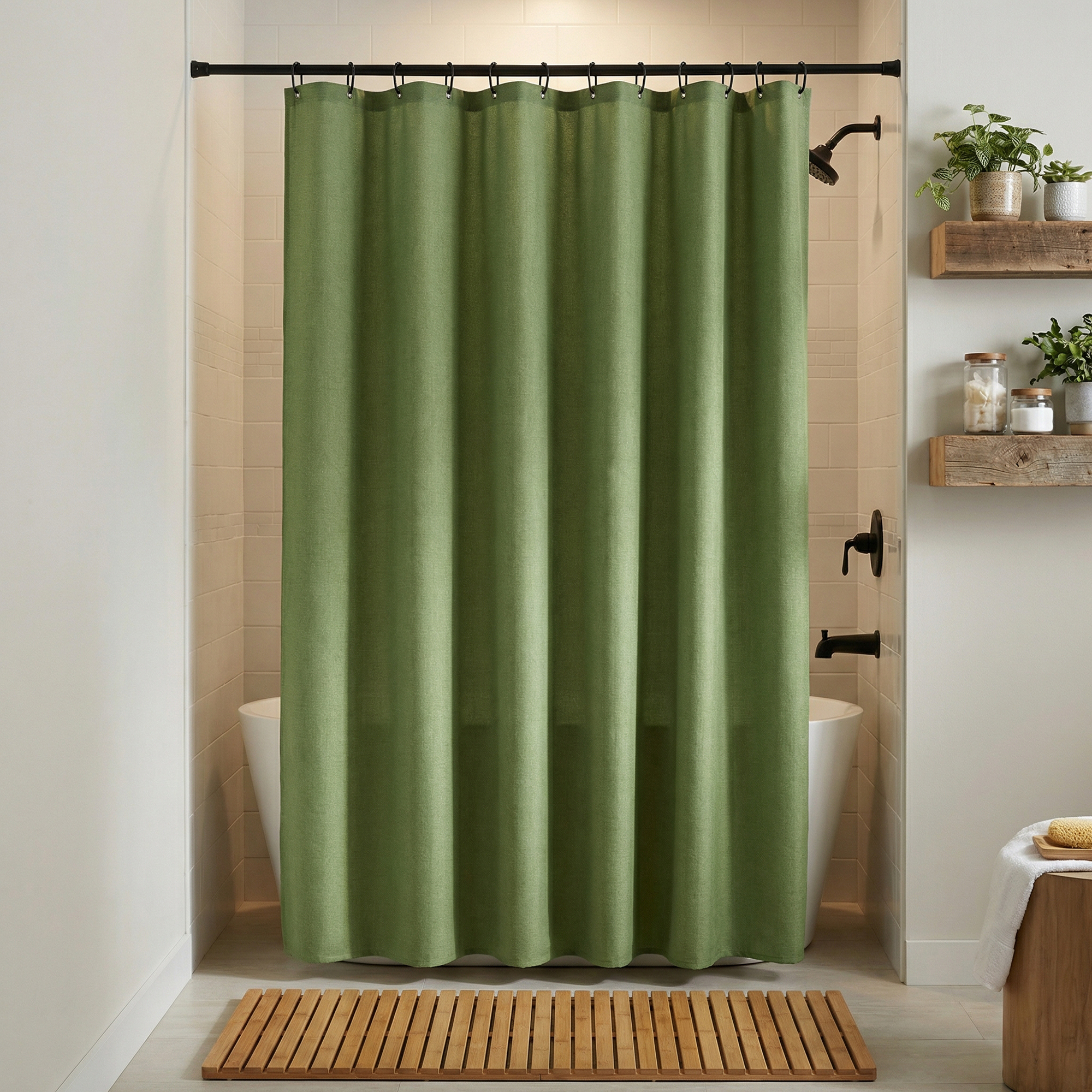 Unique Bargains Solid Color Linen-Like Shower Curtain with Hooks Green 71"W x 71"L
