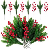 32Pcs Artificial Pine Branches Christmas Holly Berries Artificial Red Berry Stems for Christmas Wreath Decorations Xmas Tree Decoration