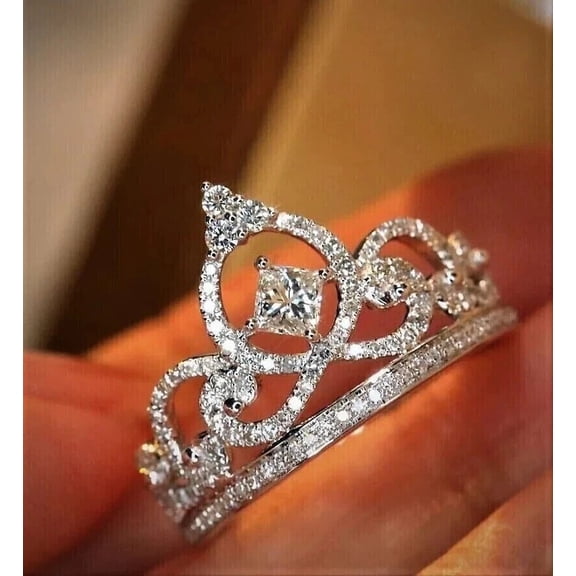 Silver & Stone Jewels 1.80CT Cubic Zirconia Fancy Women's Crown Ring 14K White Gold Plated