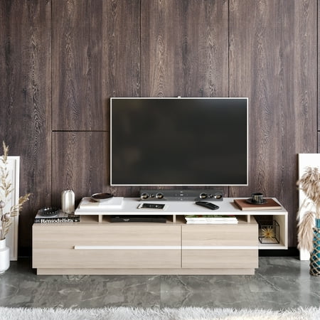Pia 71" Modern Engineered Wood TV Stand, White & Cordoba, Melamine Finish