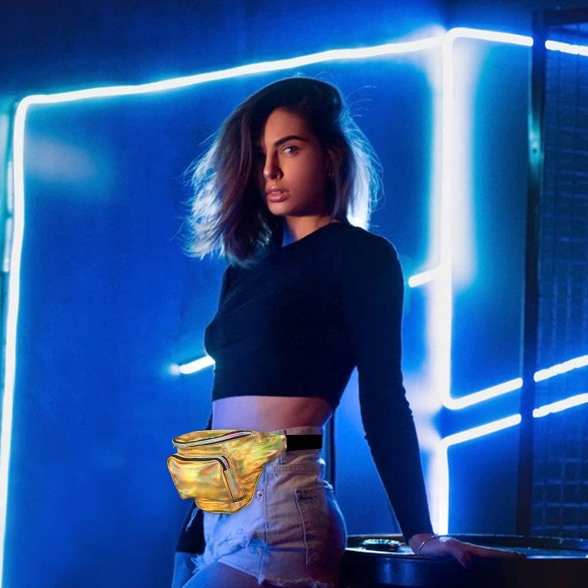 LINLIN Waist Bag, Holographic Fanny Pack for Women/Men Waterproof Resistant Crossbody Waist Bag with Adjustable Belts for Travel, Party, Festival Rave, Running, Hiking