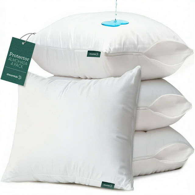 Dreamlab Protectores de Almohada 100% Impermeables con Cierre, de Tela Suave y Delgada, hipoalergénico, Anti ácaros. Funda Cubre Almohada contra Agua. (4 Pack King: 51 cm x 96 cm)