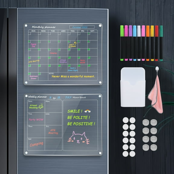 Eccomum Magnetic Acrylic Calendar for Fridge, 2 Pack 12""x16"" Clear Fridge Calendar Dry Erase Magnetic Planning Boards Set Includes 10 Colorful Highlight Markers, Pen Holder, Hook and Erase Towel