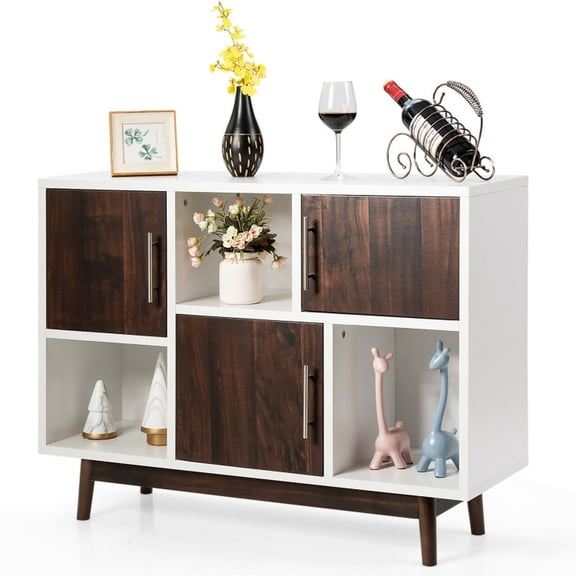 Furnibear Wood Display Sideboard Storage Cabinet, Buffet Cabinet with Storage Compartments for Living Room, White