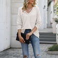 thumbnail image 3 of Top de manga larga con cuello en V para mujer, Jersey informal de fibra de poliéster, corte holgado, tejido tipo gofre, para otoño, 3 of 5