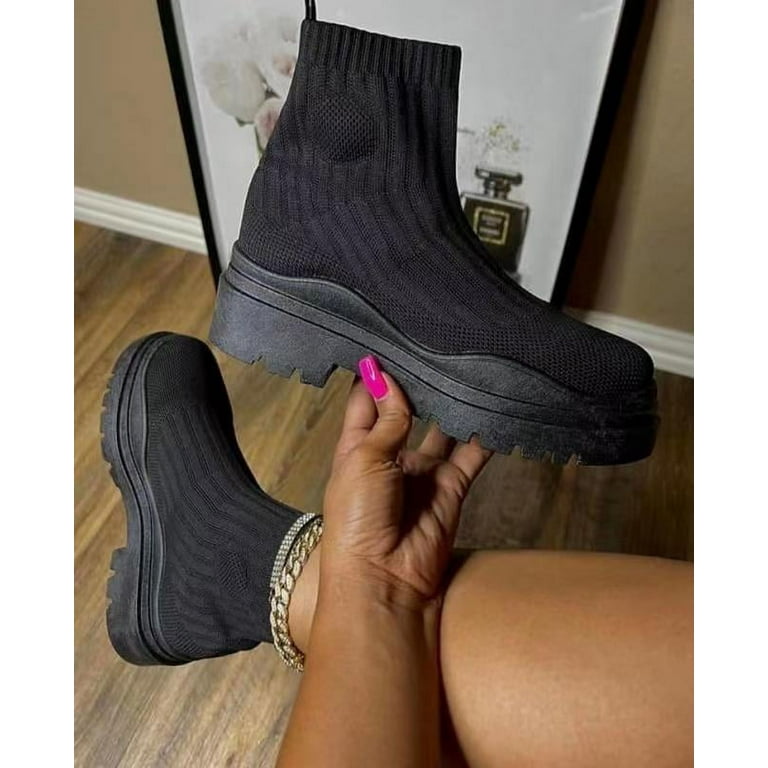 Women s Round Toe Ankle Boots Knit Sock Booties Flat bottom Slip On Ankle Boot Spring Fall Winter Womens Boots Walmart