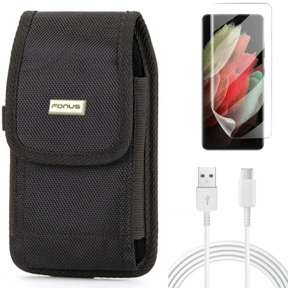 Case Belt Clip & 10ft USB-C Cable & Matte Screen Protector for Samsung Galaxy S21 Ultra Phone - Swivel Holster & Type-C Charger Cord & TPU Film Anti-Glare Accessory Bundle