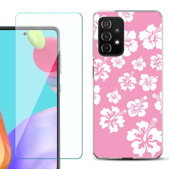 Slim-Fit Flexible Gel TPU Phone Case compatible with Samsung Galaxy A52 5G, with Tempered Glass Screen Protector, by OneToughShield ® - Hibiscus Pink