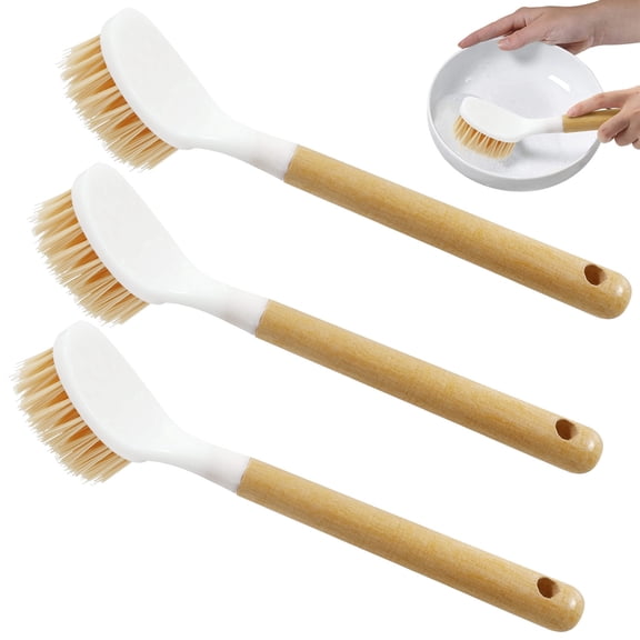 Dish Brush Set 3 Pack Ergonomic Wooden Handle Kitchen Scrub Brush for Dishwashing Safe for Non-stick Pan Sink Cleaning