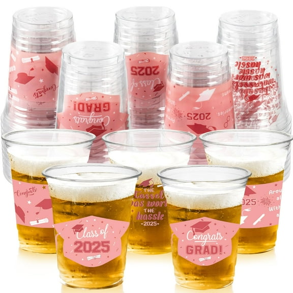 GuassLee Pink Graduation Decorations 2025 Party Cups - 50pcs 12 Oz Pink Disposable Graduation Plastic Clear Cups for Drinks Class of 2025 Grad Party Supplies