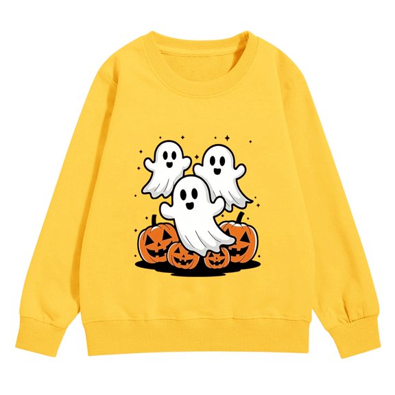 Girls Halloween Pumpkin Ghost Sweatshirts Oversized Cute Cotton Sweater.Teen Kids Long Sleeve Crew Neck Pullover Tops Trendy Casual Comfortable Ribbed Cuffs Hoodies
