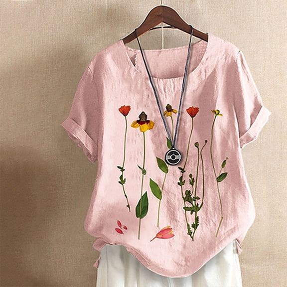 Jophufed Womens Plus Size O-Neck Short Sleeve Print Buttons Cotton Linen Vintage Tops Gifts