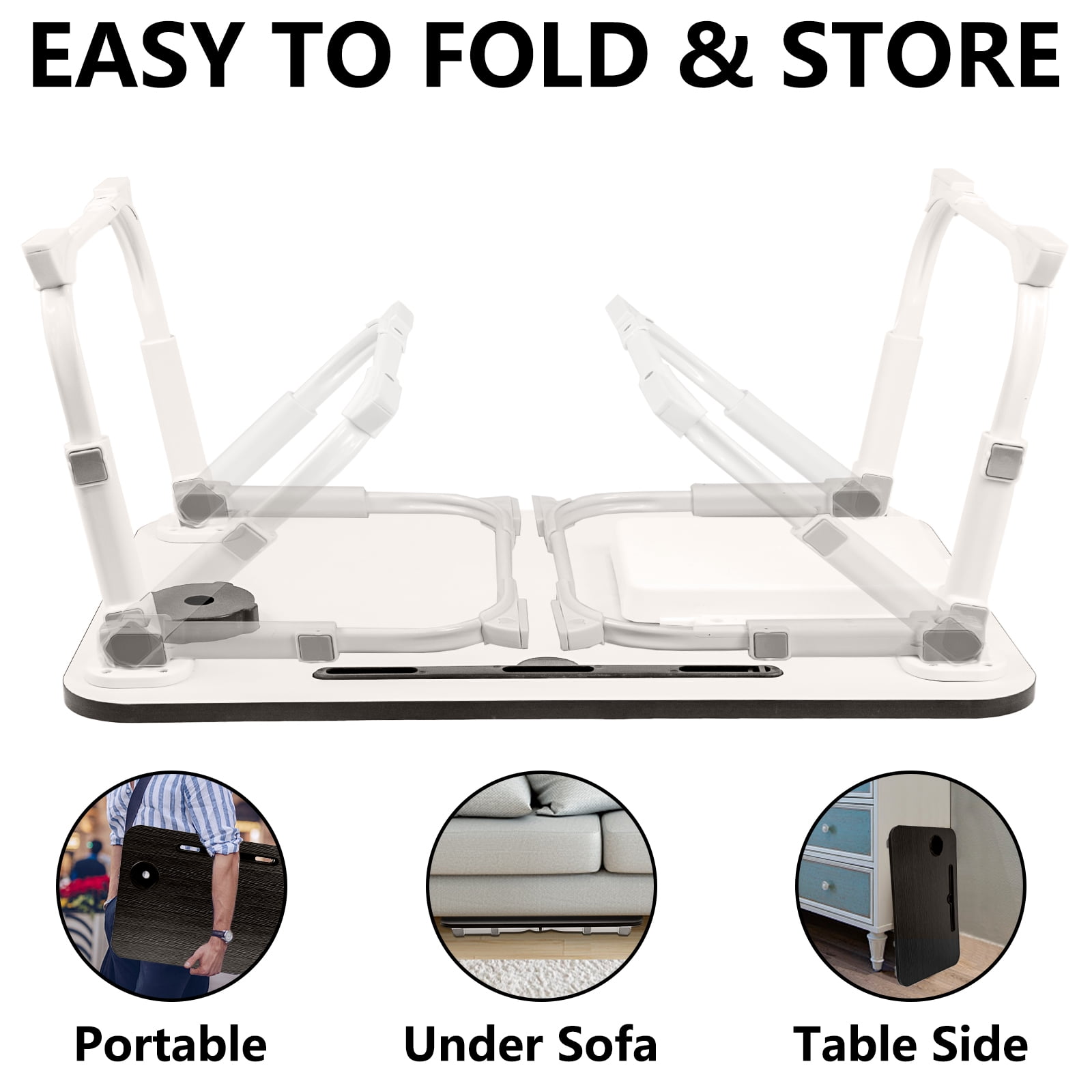 Yoneston Folding Laptop Bed Table, 23.6inch Portable Bed Tray Height Adjustable Laptop Desk with iPad Slots, Drawer and Cup Holder for Working Reading Writing, Eating, Watching-White